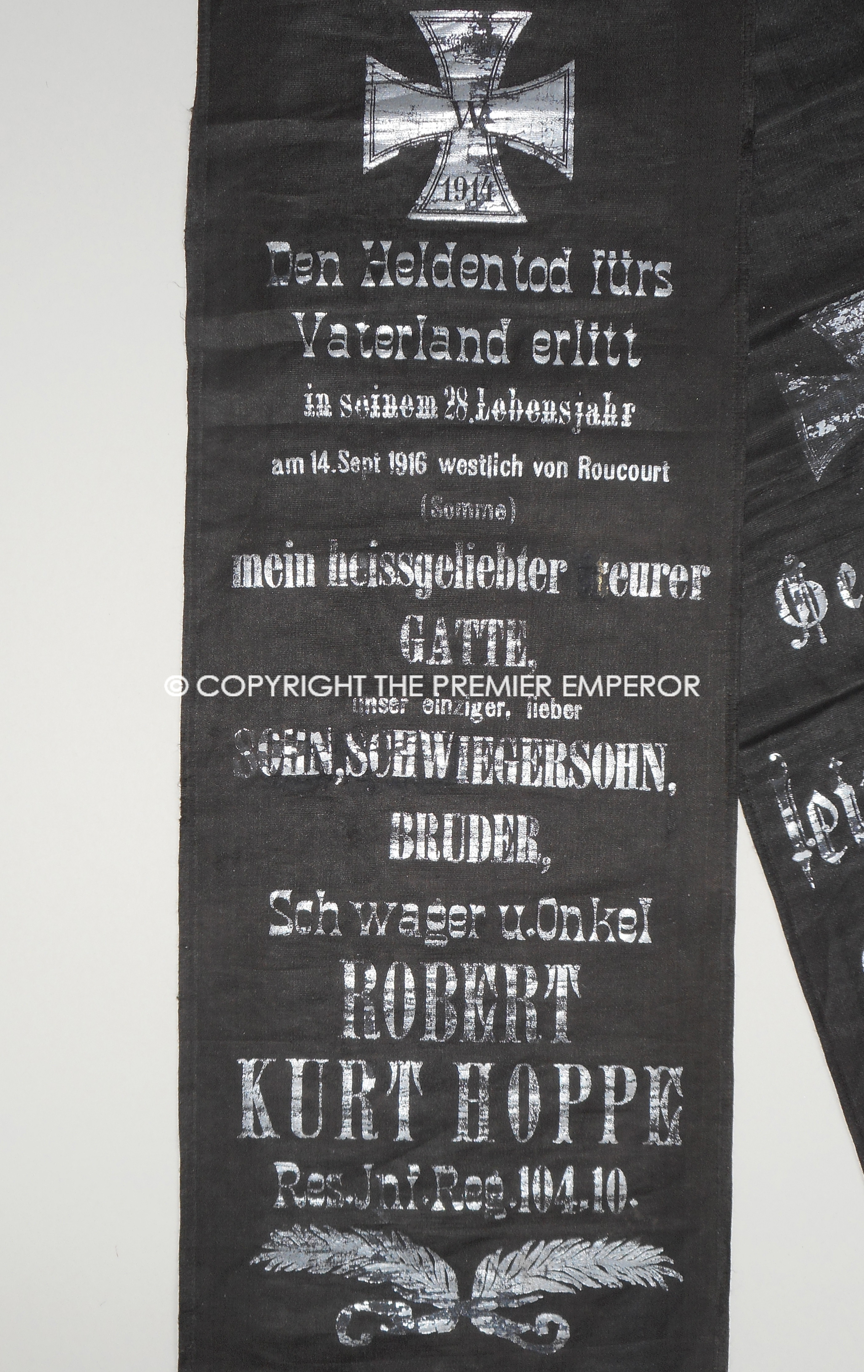 German Great War Funeral ribbon banner for the Somme 1916.