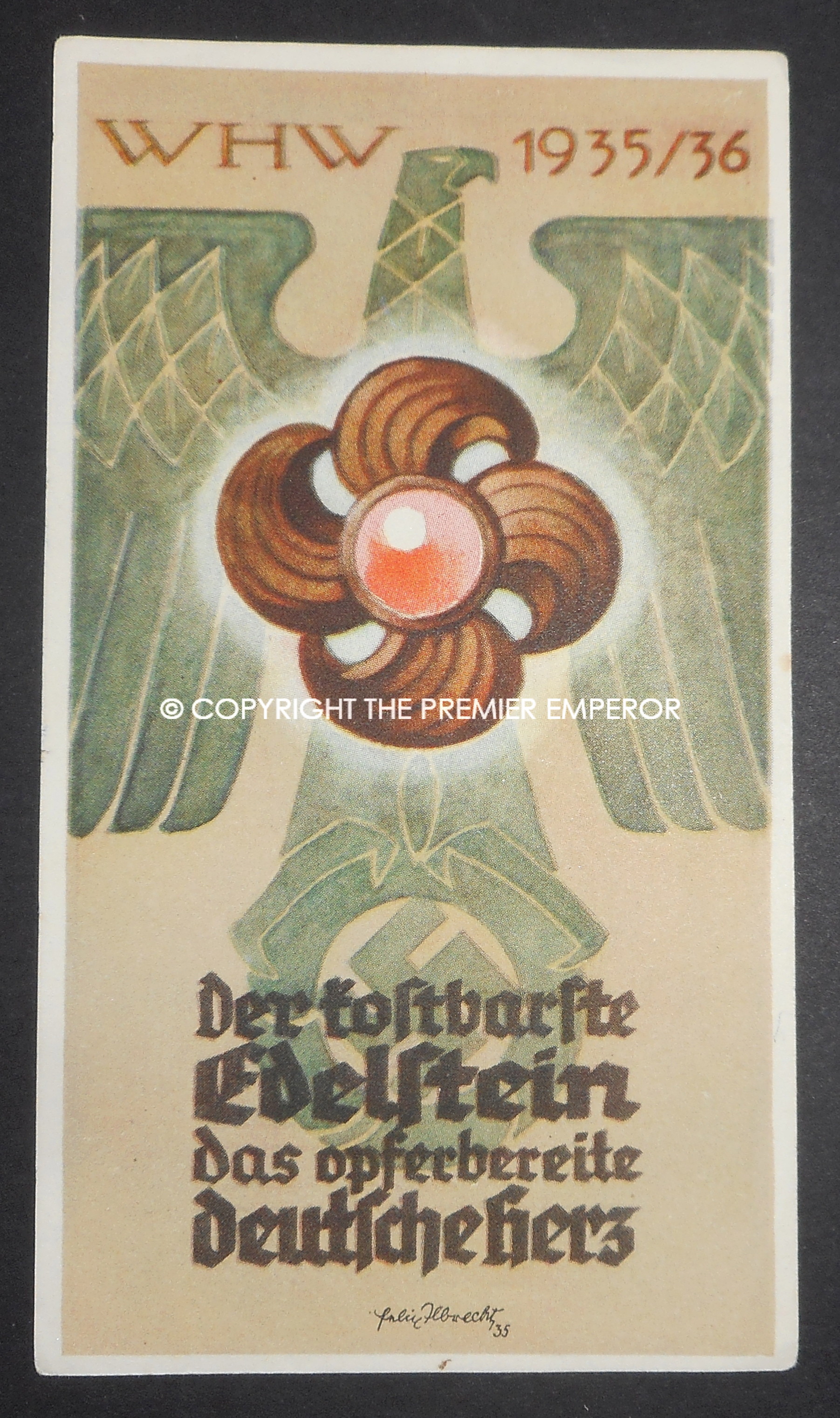 German Tinnie/Day badge/Ephemera. Winter Help Work WHW "Der toftbarfte Edelstein das opferbereite Deutschehers". Circa.1936-1937