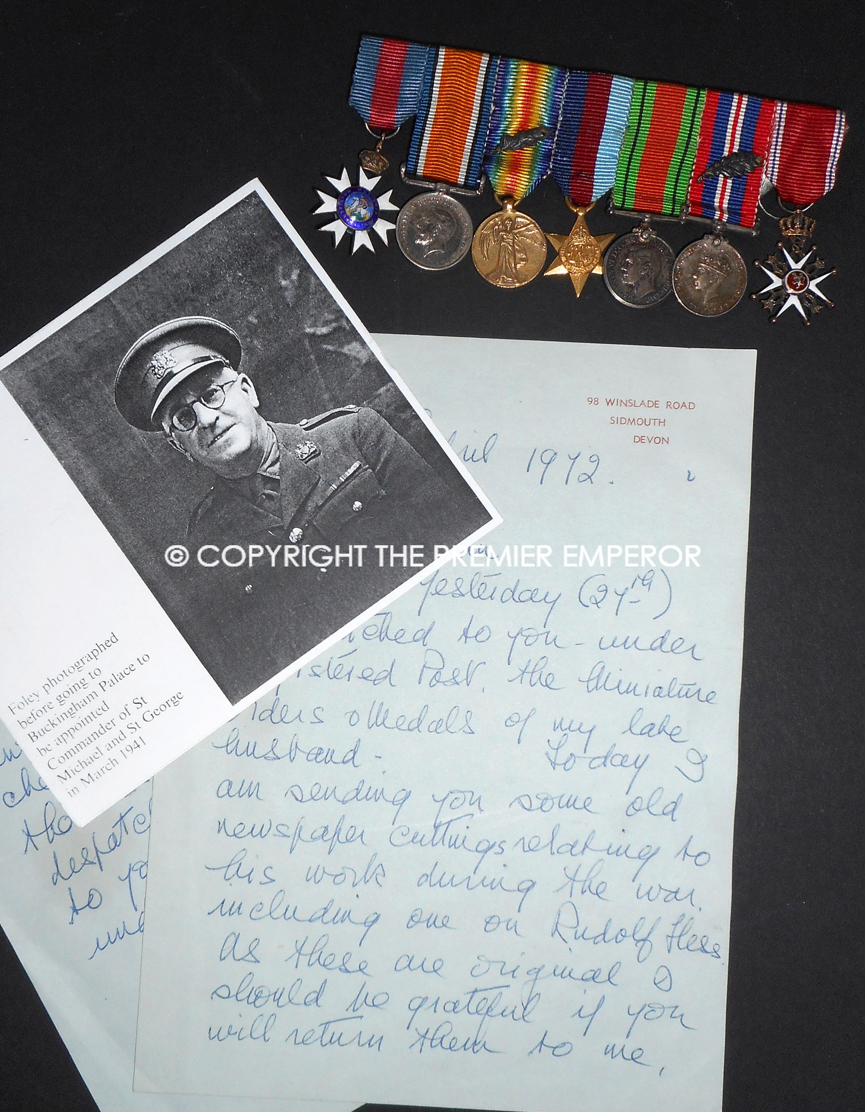 British. 100% Authentic Miniature group of medals belonging to Colonel Frank Foley MI6. with Rudolph Hess related items.