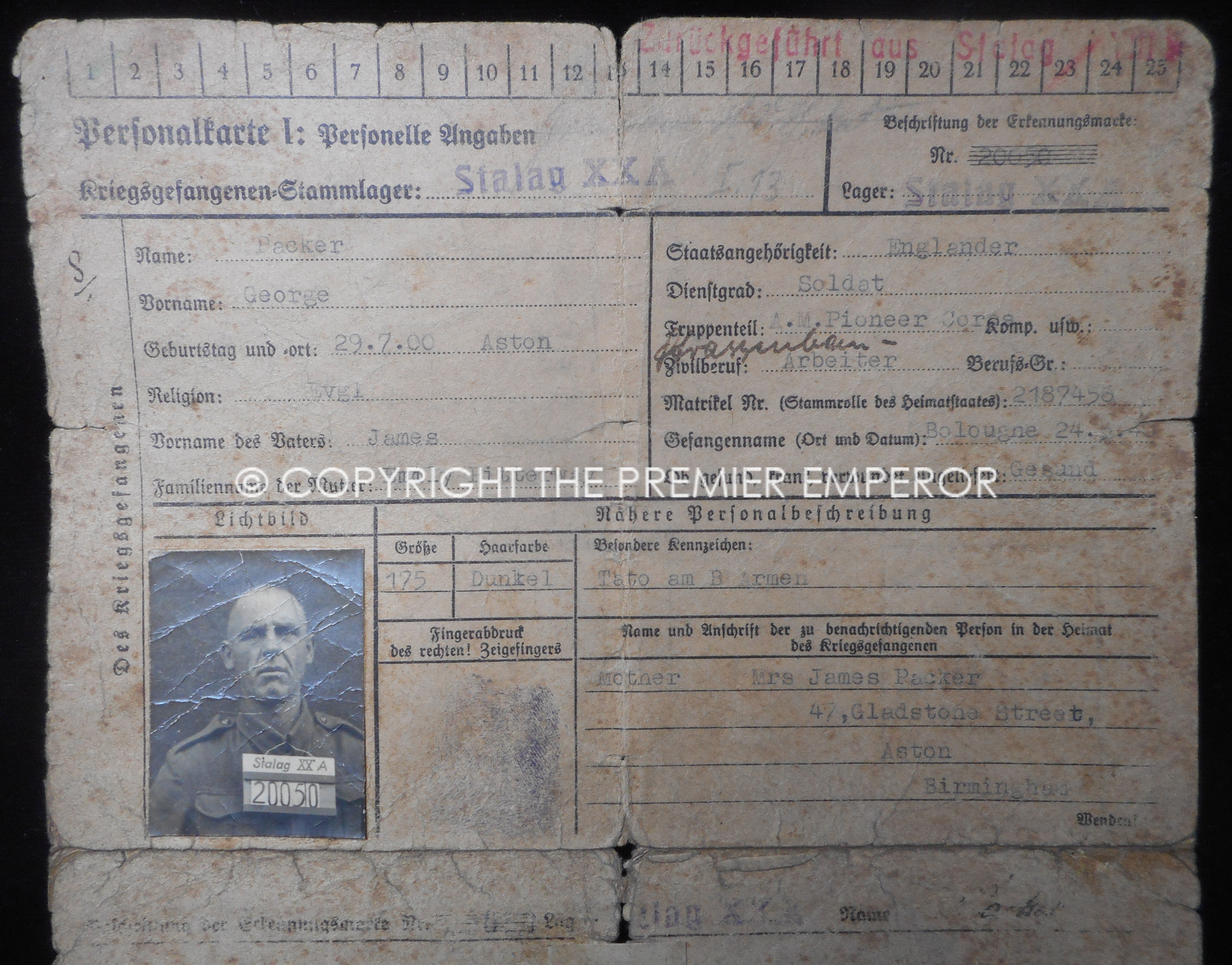 German: British Prisoner of War index card from Stalag XX A. Circa